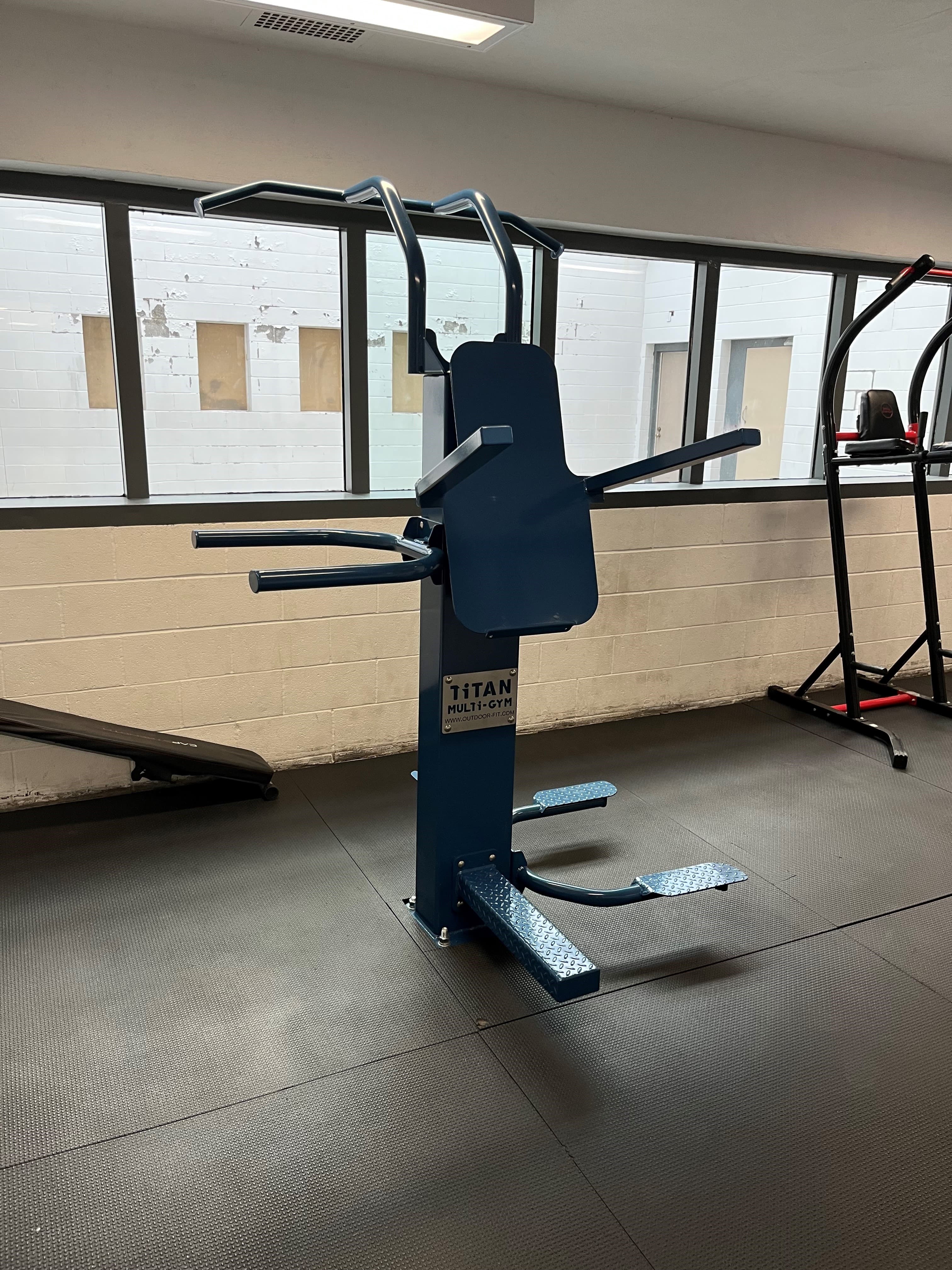 Prison gym equipment showing durable steel construction for inmate workouts.