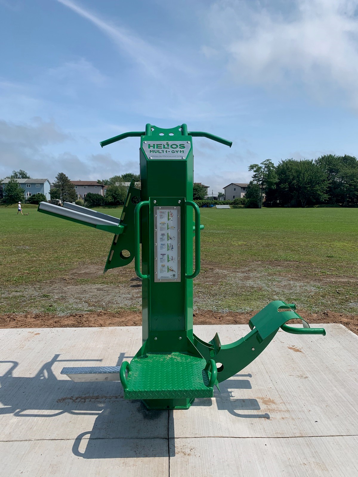 Prison recreation space outfitted with Helios multigym, weatherproof correctional fitness systems.